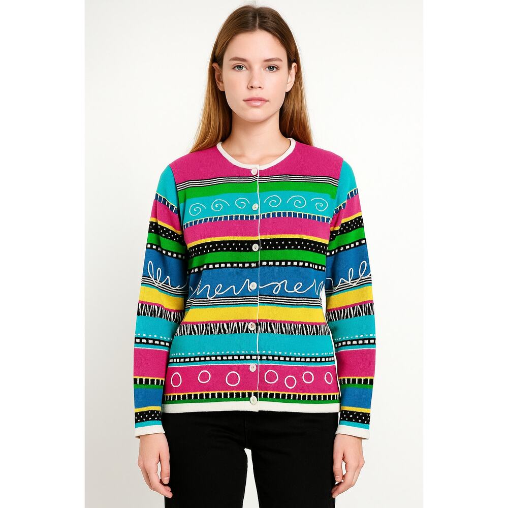 Vintage Susan Bristol‎ Women's Multicolor Cotton Fun Cardigan Sweater Size LP